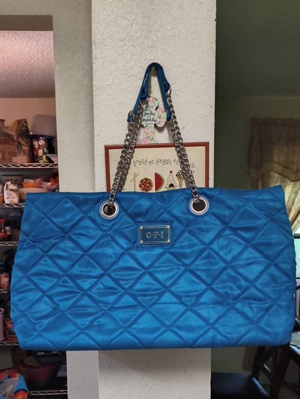 OPI Quilted Chain-Handle Tote in Teal Blue